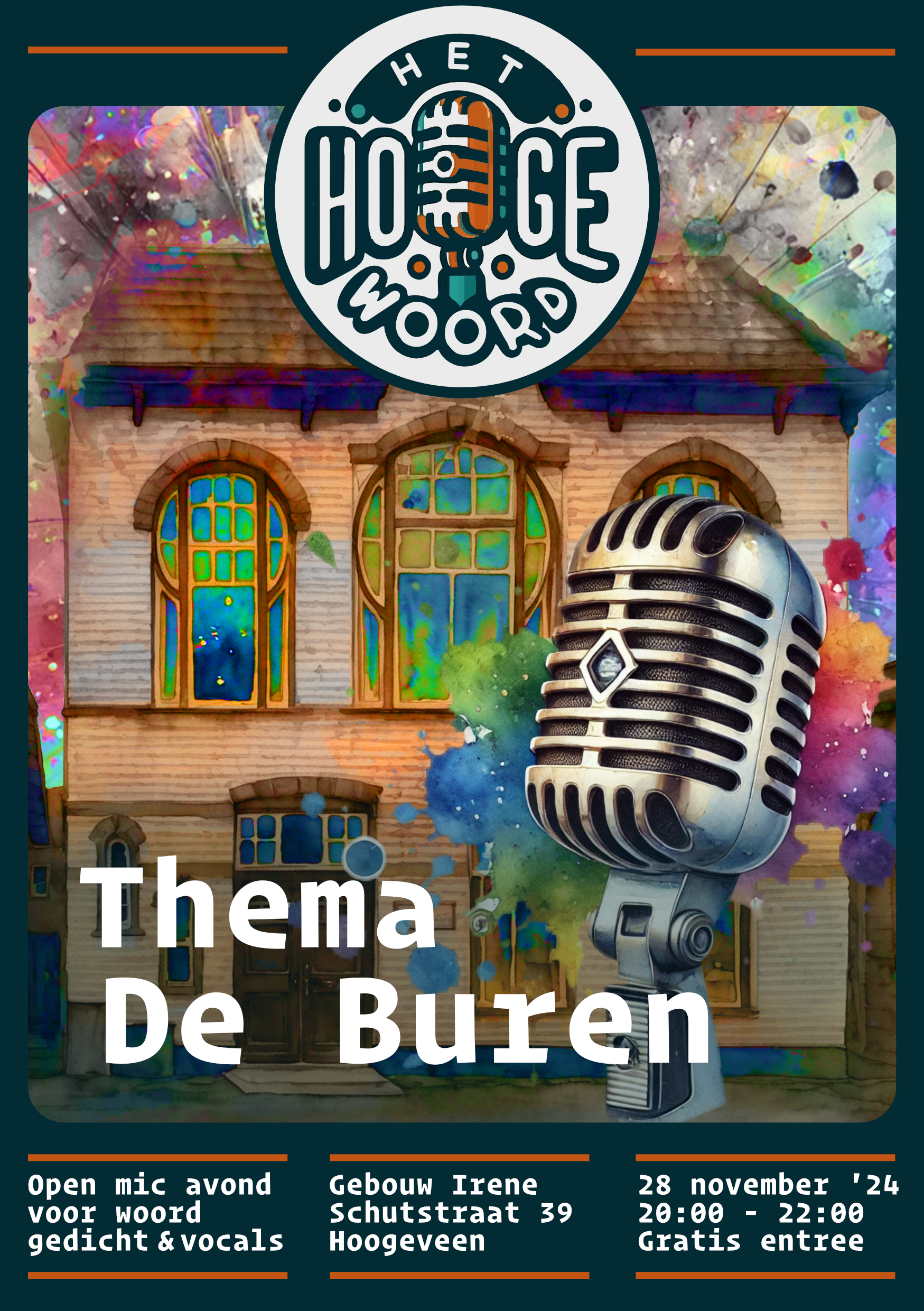 Poster voor Het Hooge Woord met het thema De Buren, ontworpen door Floris van Lint